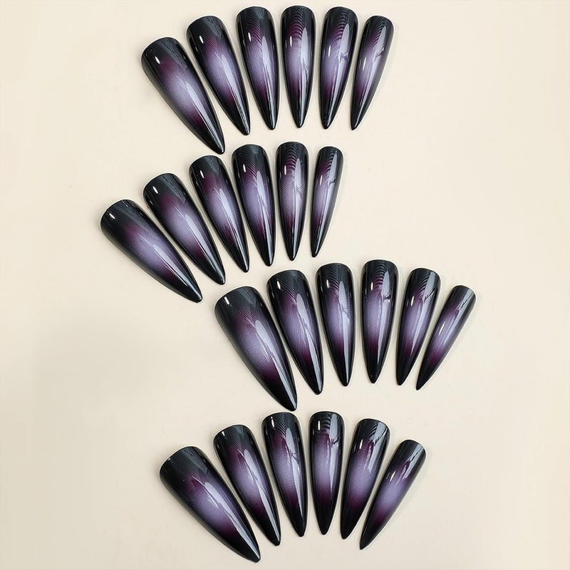 SINHOT Press on Nails Long Stiletto Fake Nails Glossy Glue on Nails Goth Black Acrylic Nail Sharp Almond Artificial Nail Purple Ombre Aura Stick on False Nail with Design 24 pcs - Image 2
